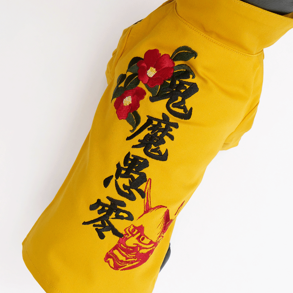 ペット用の黄色の特攻服の上からの写真